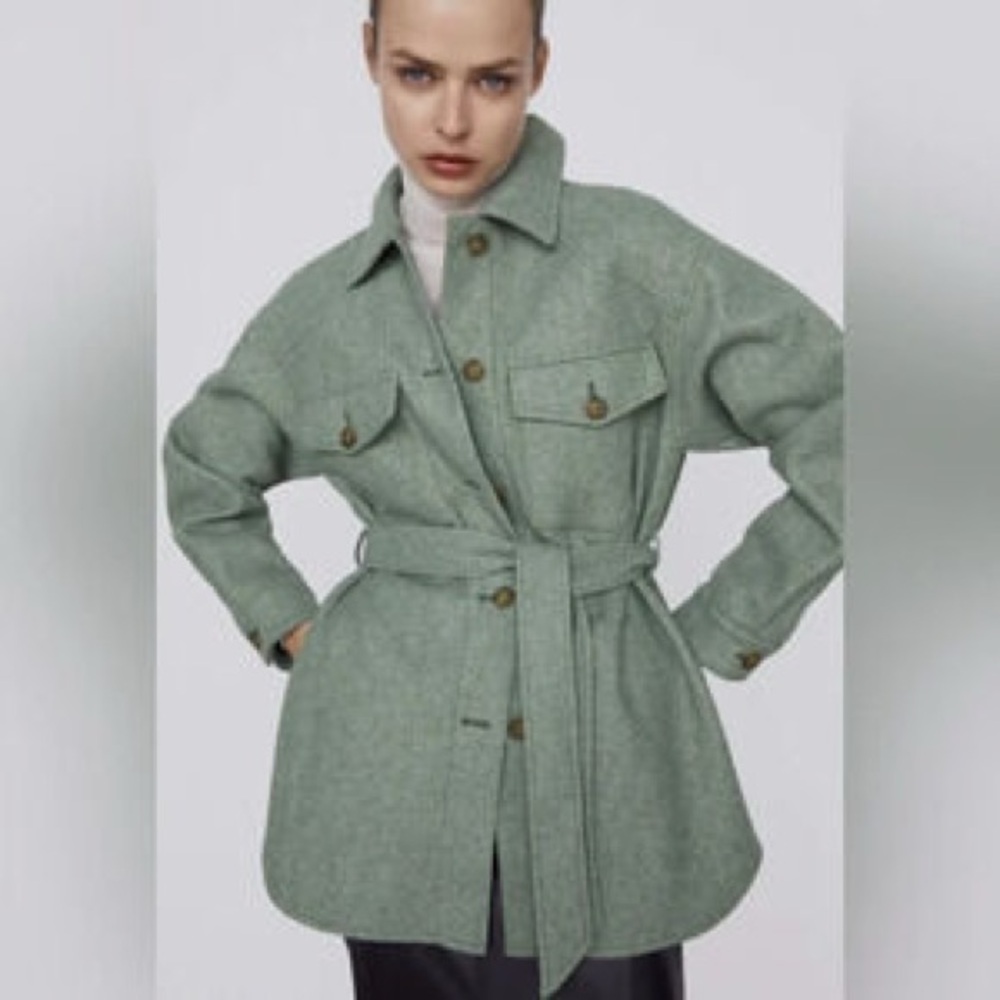 Zara belted over shirt pistachio green color fleece size XS